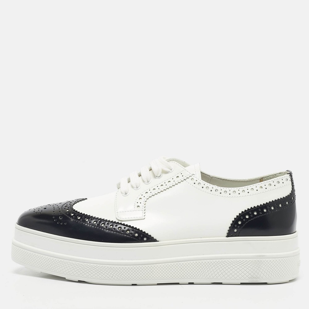 Prada Black White Ombre Brogue Leather Derby Sneakers Size 38