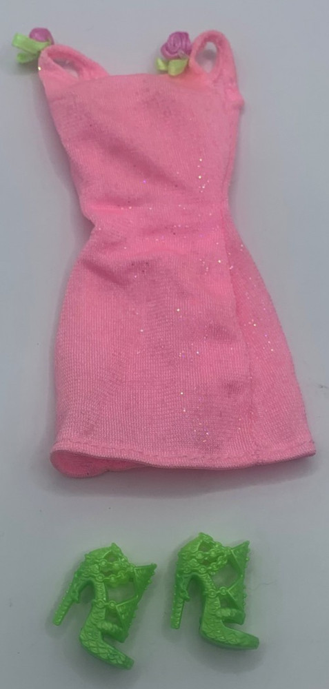 Vintage Barbie Doll Shiny Short Outfit Fashions Pink Dress Glitter Green Shoes