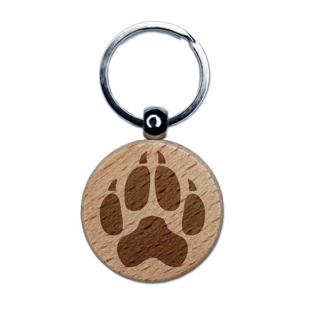 Wolf Coyote Paw Print Engraved Wood Round Keychain Tag Charm