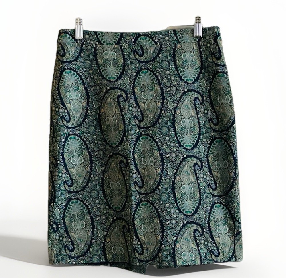 J. Crew Paisley Pencil Skirt Size 6 Chic Floral Print Navy and Teal Fully Lined