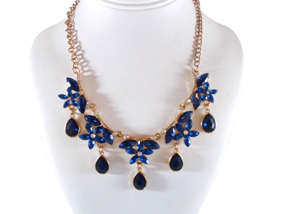 Royal Blue Acrylic Rhinestone Flowers Teardrop Dangles Choker Necklace Free Ship
