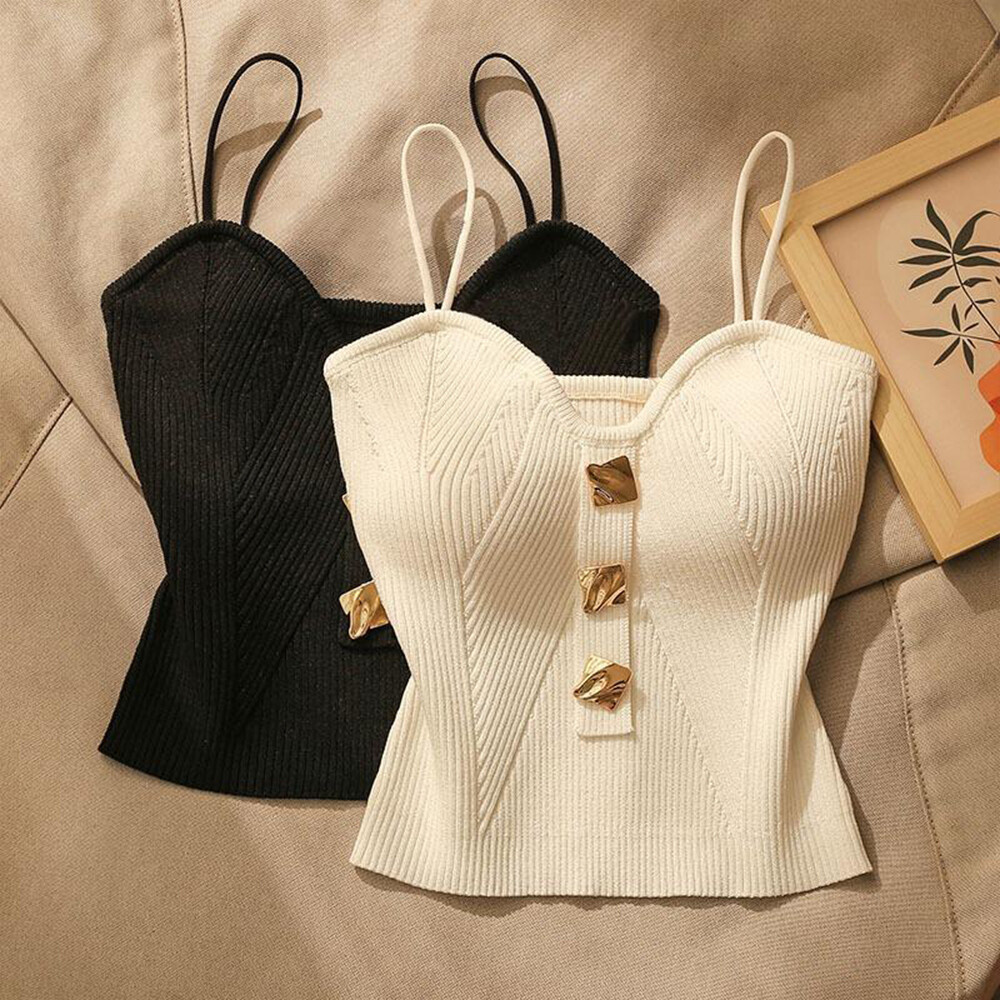 Stylish Women’s Summer Knitted Spaghetti Strap Metal Button Camisole Vest