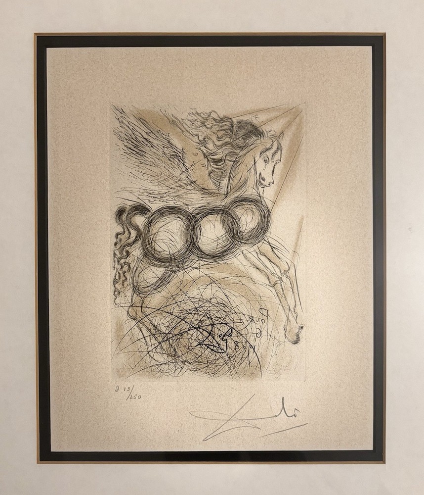 Salvador Dali ETCHING PEGASUS HAND Signed And Numbered 13/250 Museum Framed