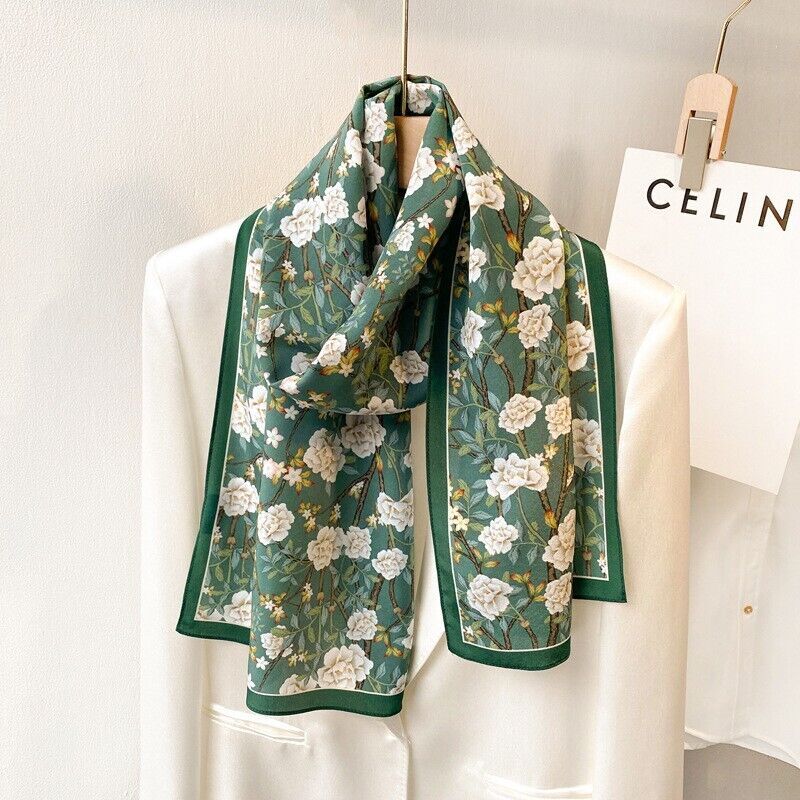 100% Mulberry Silk Crepe Shawl with Vibrant Flowers Print in Green, Elegant Oblong Scarf for Stylish Accessories