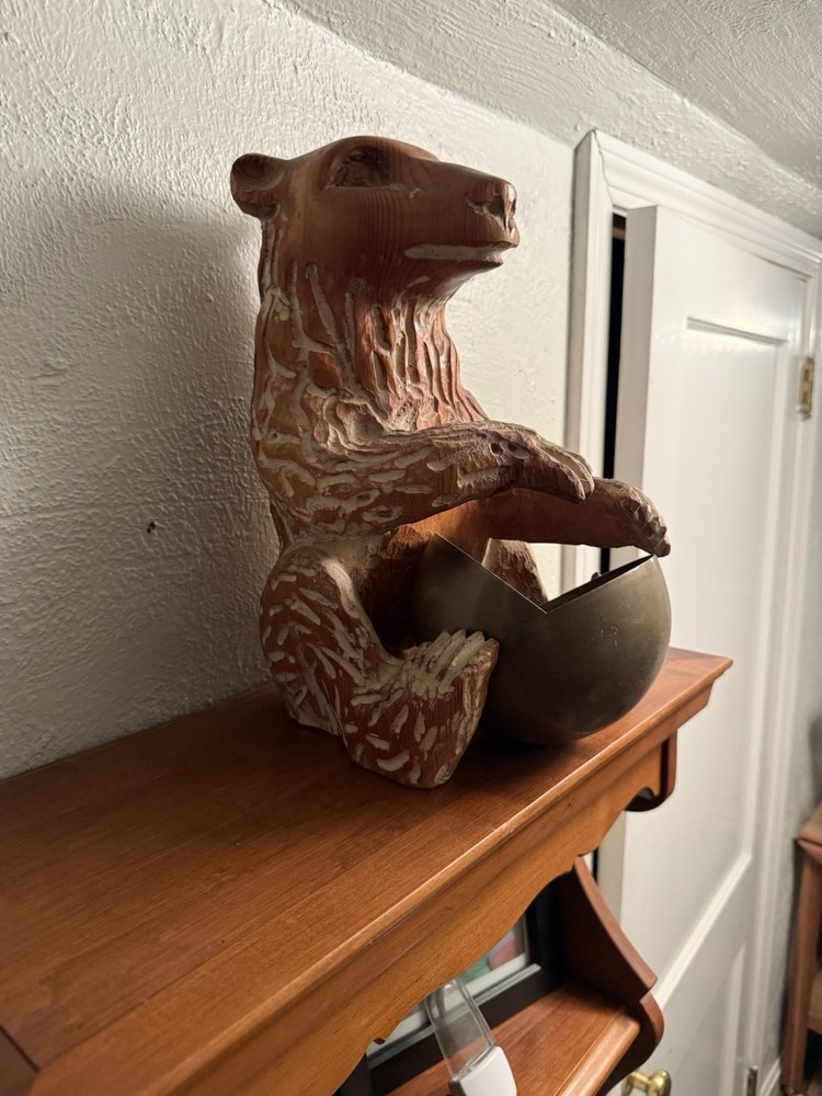 Vintage Sarreid Ltd Spain~ Hand-Carved Wood Bear W/ Brass Ball-Mid Century