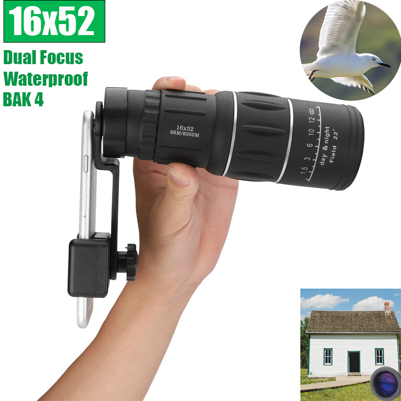 16X52 Monocular Zoom Dual Focus Rubber Telescope Hunting Camping W/ Phone Holder