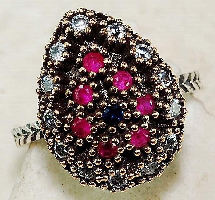 Sterling Silver Ottoman Style 2CT Treated Ruby Ring Size 7.5  