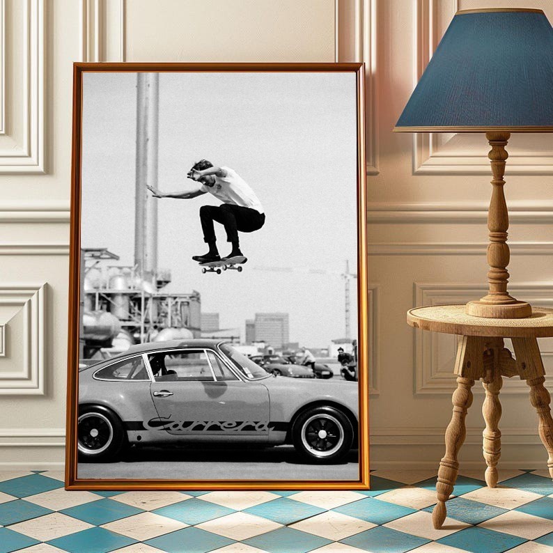 Vintage Skateboard Ollie Over Classic Porsche Black And White Photo Poster