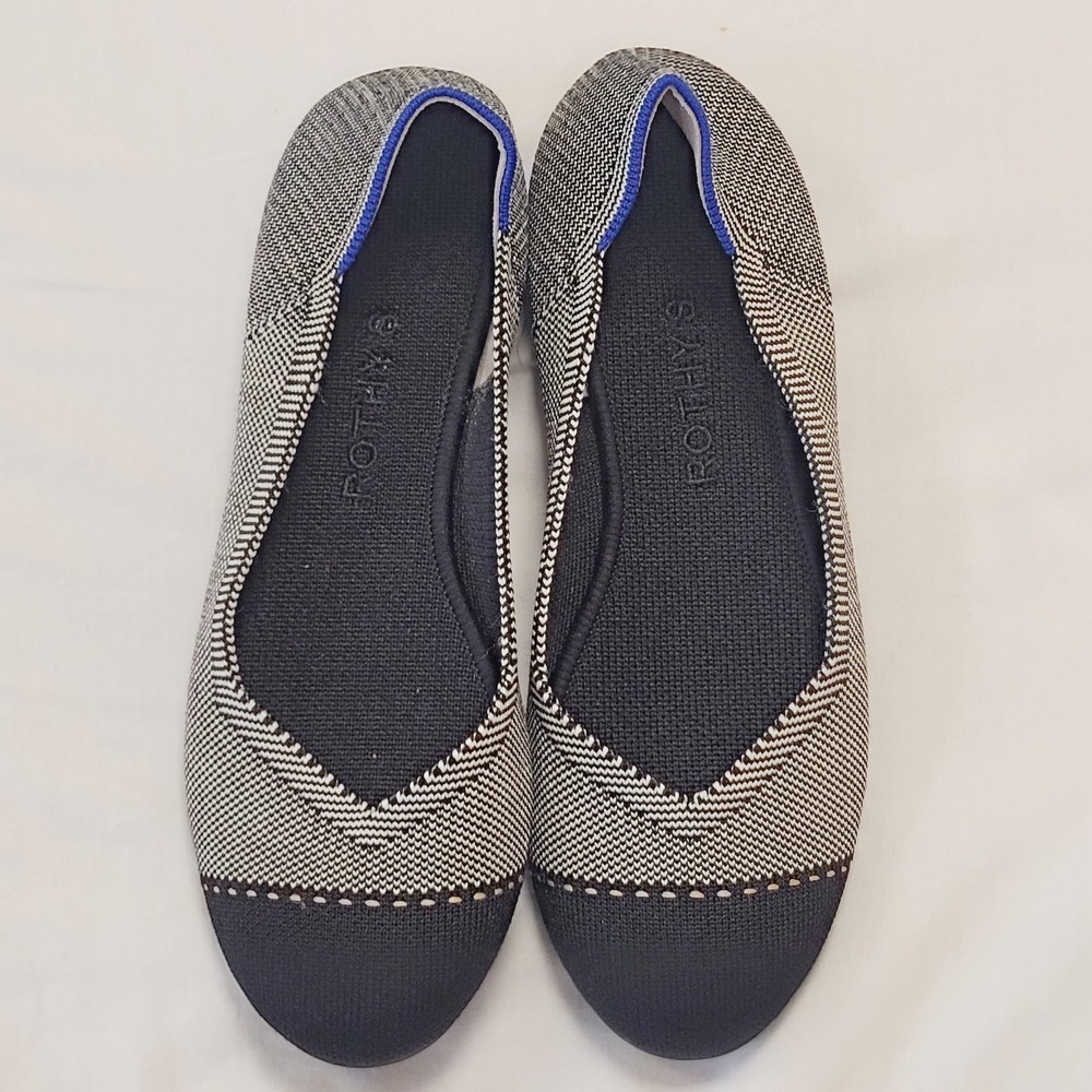 Rothy's The Point Dune Cap Toe Flats Womens 7 Beige Black Packable Washable