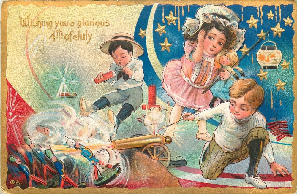 c1910 4th July Children Fireworks artist impression Postcard 25-11766