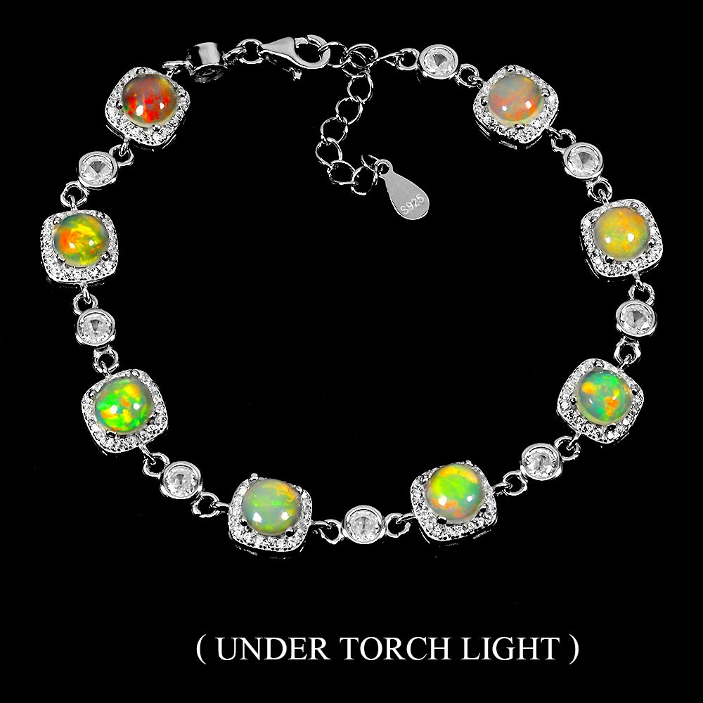 925 Sterling Silver Bracelet with 6mm Round Fire Opal Natural Gemstone 7in