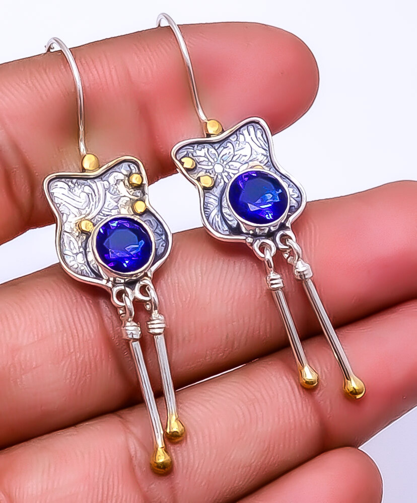 Blue Sapphire (Simulated) 925 Sterling Silver Two Tone Earring 2.34