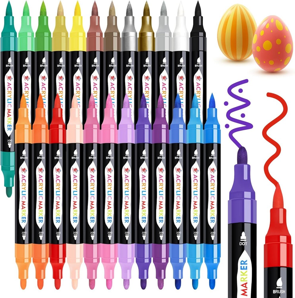 24 Colors Dual Tip Acrylic Paint Markers,Waterproof, Non-Toxic, odorless, Suitab