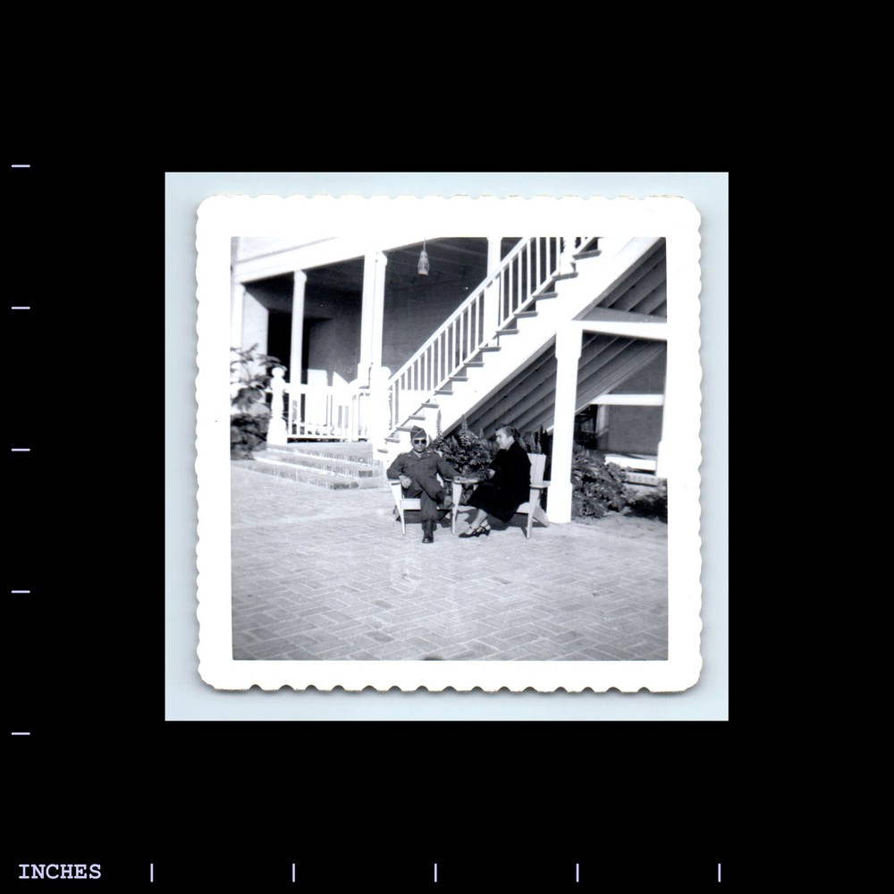 Vintage Square Photo ARMY MEN SOLDIER IN UNIFORM WOMAN OUTSIDE BUILDING