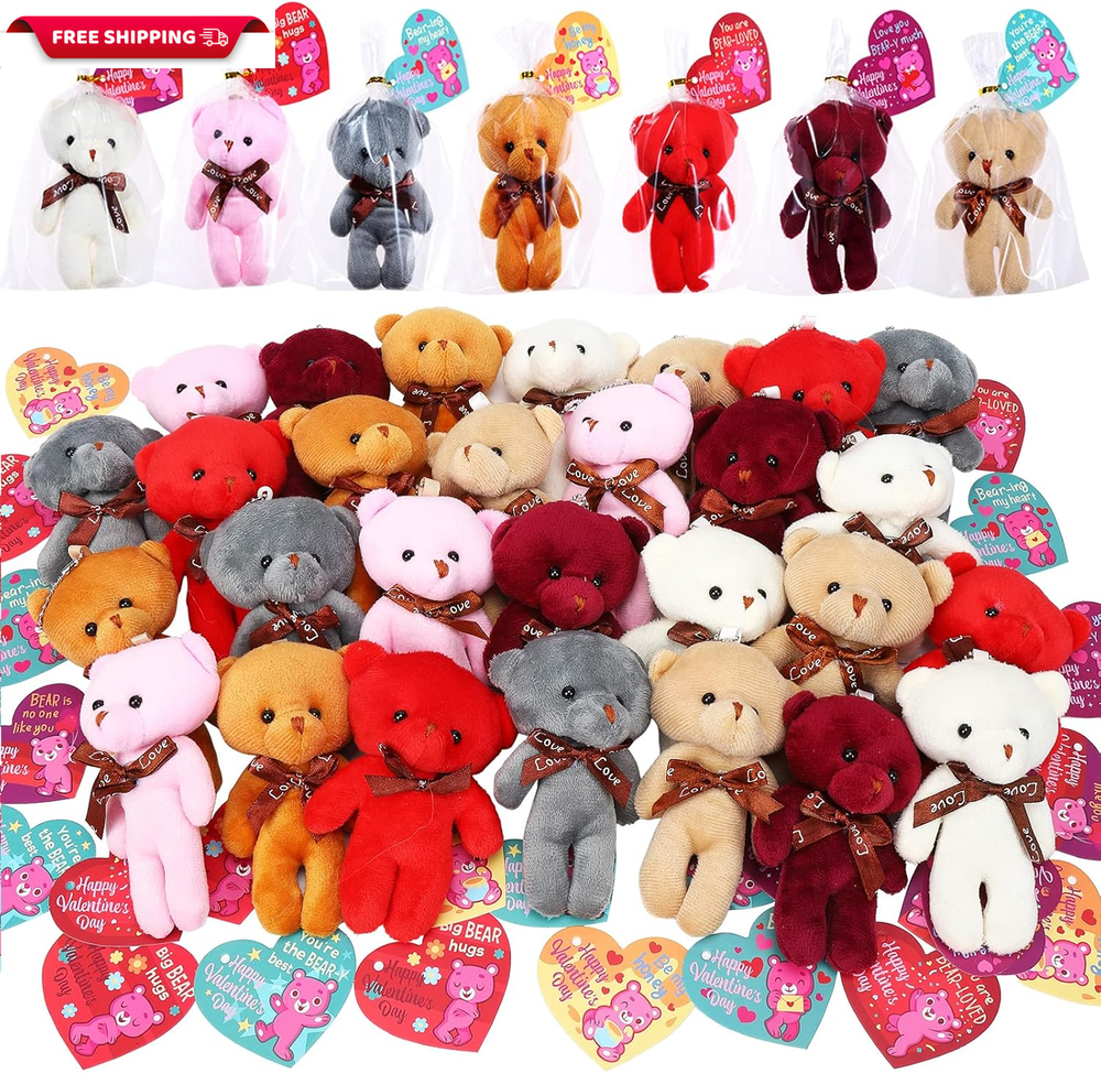 28PCS Valentines Day Gift Cards for Kids with Bear Plush Toys,Mini Stuffed Anima-image