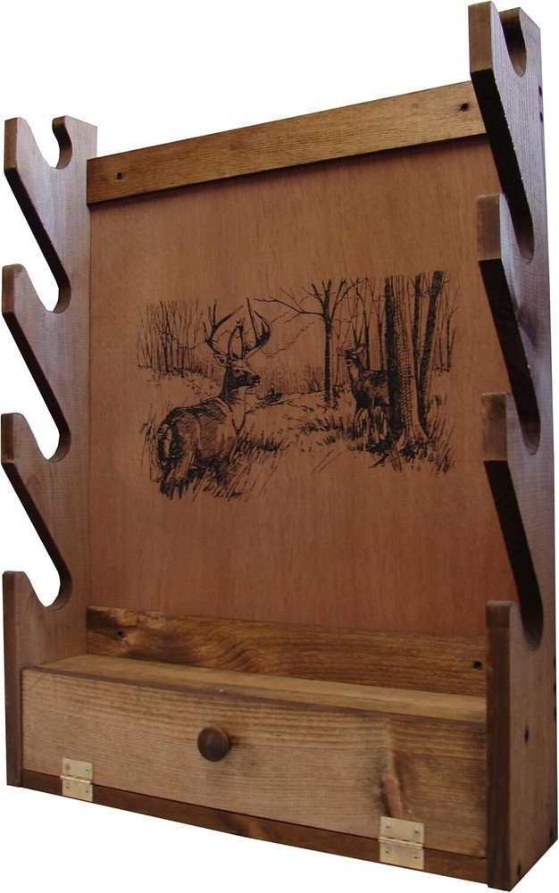 Wooden 4-Gun Wall Mounted Display Rack with Cabinet Deer Pine Wood Storage  