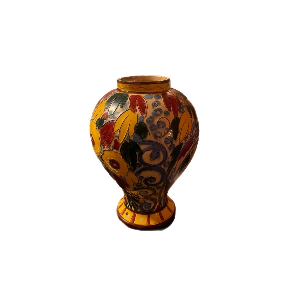 Vintage Italian Majolica Sgraffito Hand-painted Floral Pottery Vase