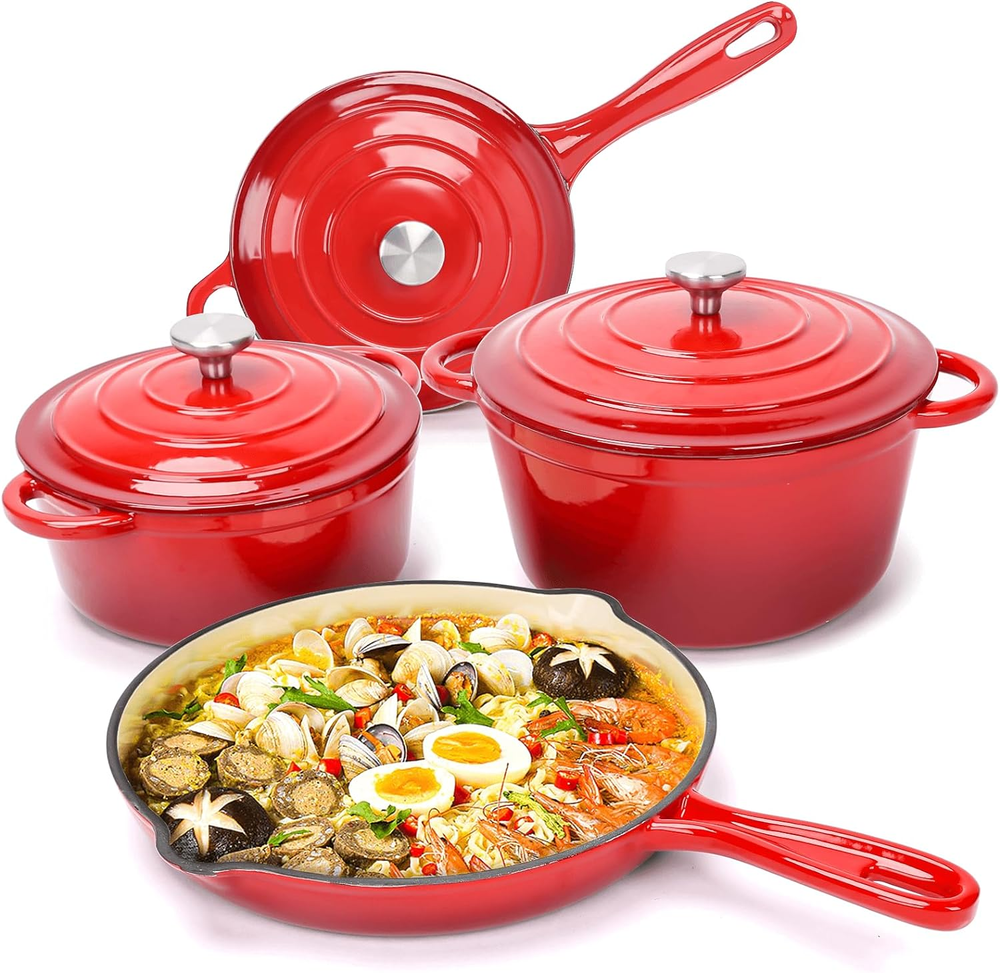 Enameled Cast Iron Cookware Set - 7 Piece Set of Dutch Ovens, Sauce Pan