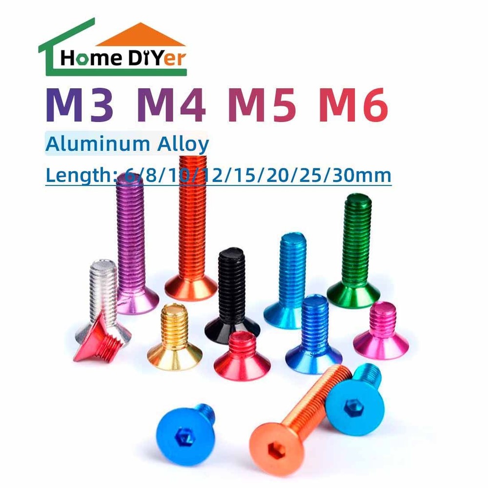 10pc M3 M4 M5 M6 Aluminum Countersunk Bolts Allen Screw Anodised Hex Head Screws