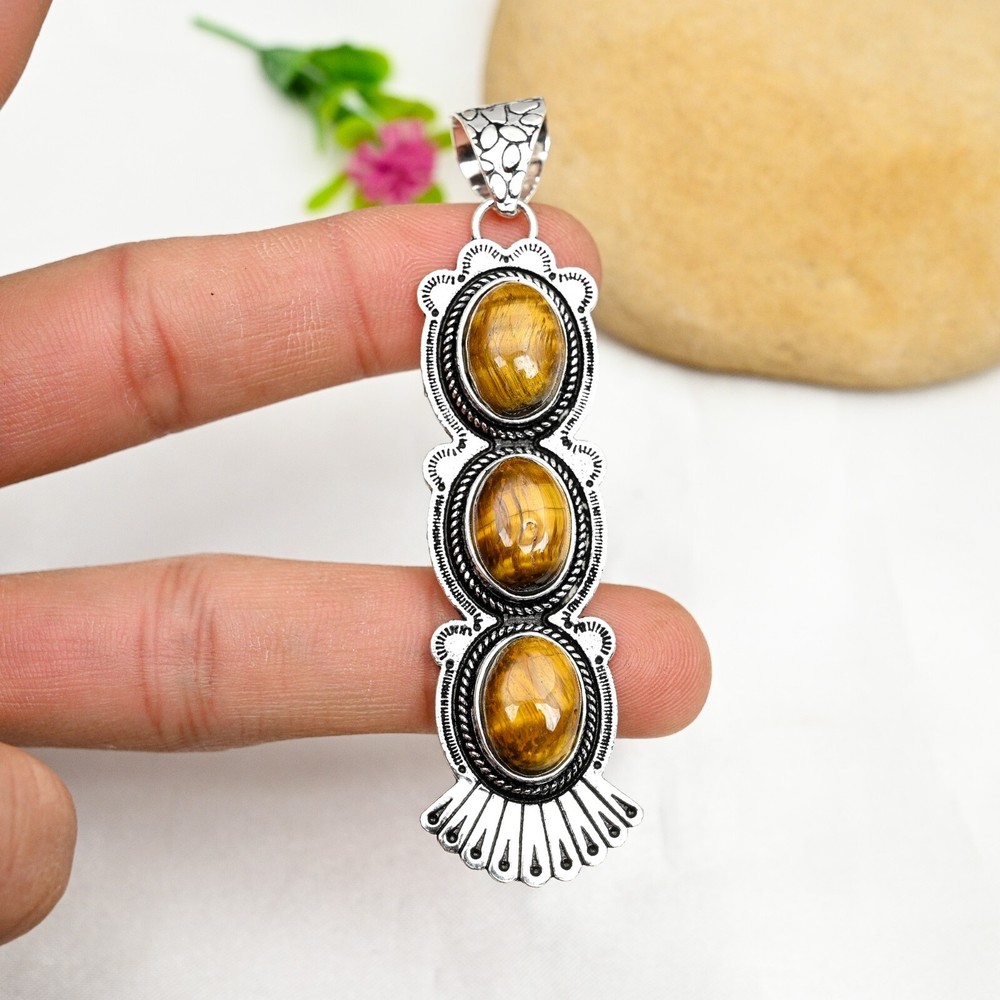 Natural Tiger Eye Gemstone Pendant 925 Sterling Silver Handmade Jewelry For Gift