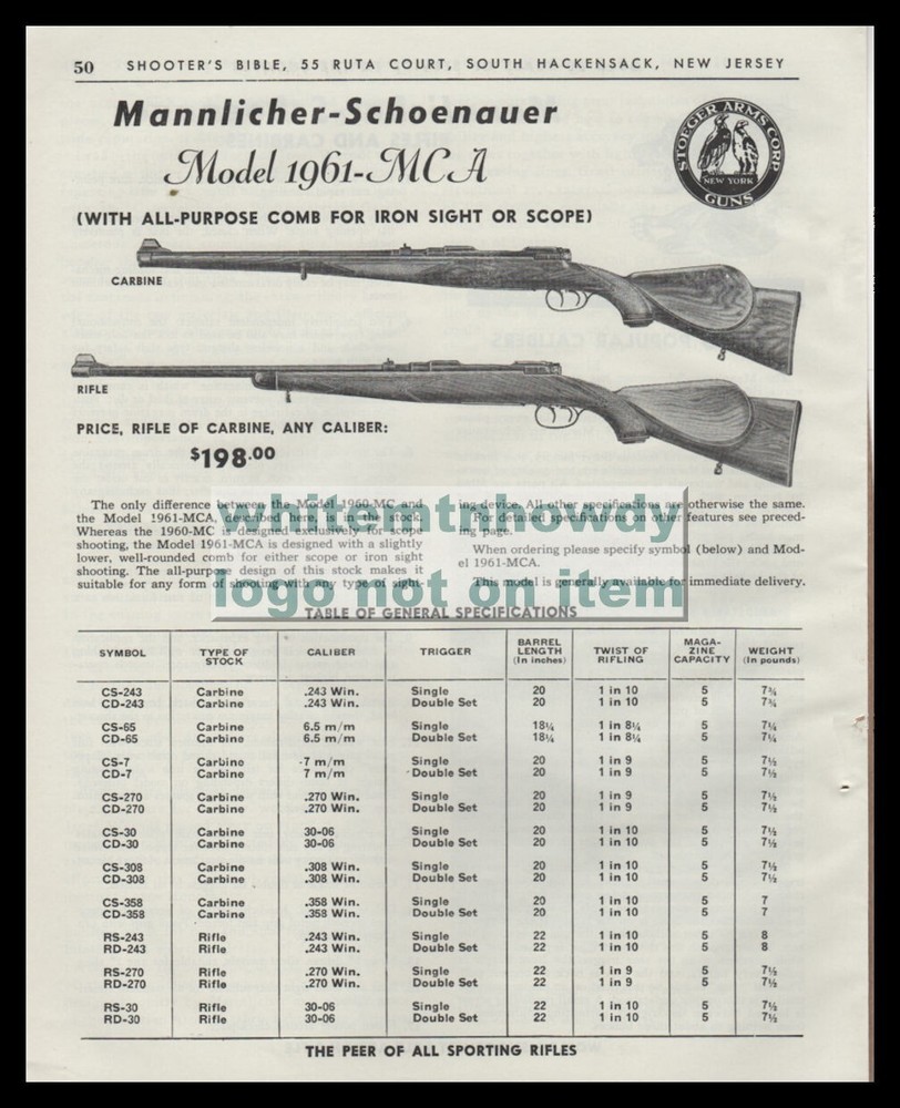 1954 MANNLICHER-SCHOENAUER Model 1961 MCA Carbine & Rifle PRINT AD