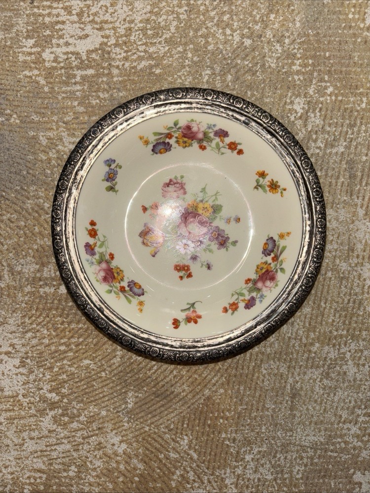 Vintage Floral Rose Bowl with Sterling Silver Rim Old Ivory 6 Inch Made in USA