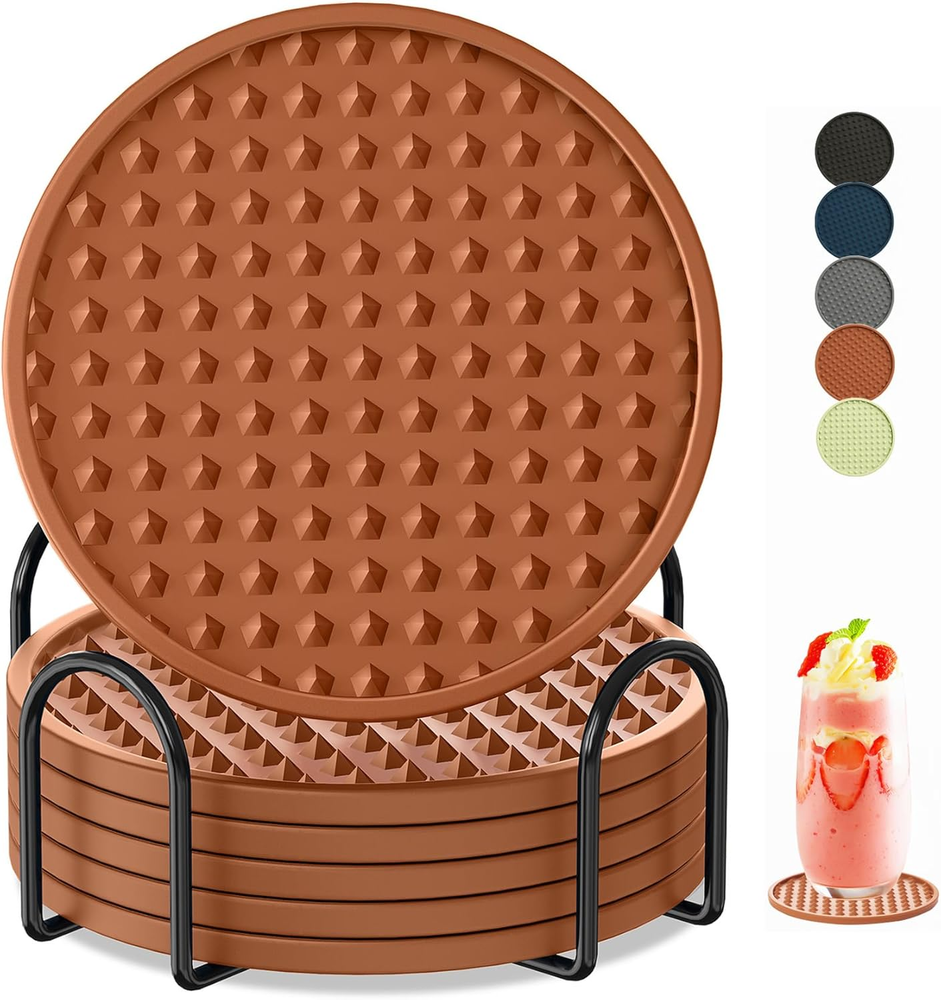 6-Pack Heat-Resistant Silicone Drink Coasters with Holder for Hot and Cold Beverages
