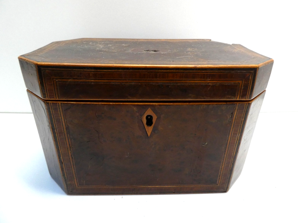 ANTIQUE GEORGIAN SARCOPHAGUS BURR VENEER WOODEN TEA CADDY CHEST