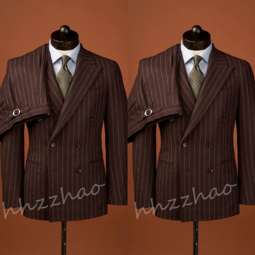 Brown Retro Striped Men's Suits Formal Business Wedding Groom Tuxedo Two Pieces
