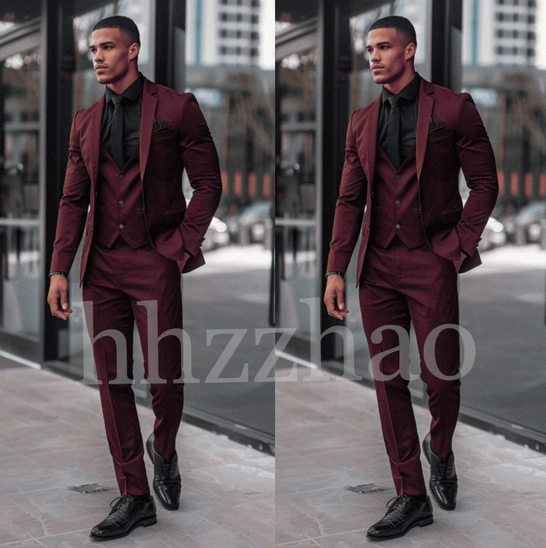 Burgundy Classic Fit 2-Button Slim Tuxedo Suit for Men Wedding Groom 3-Piece