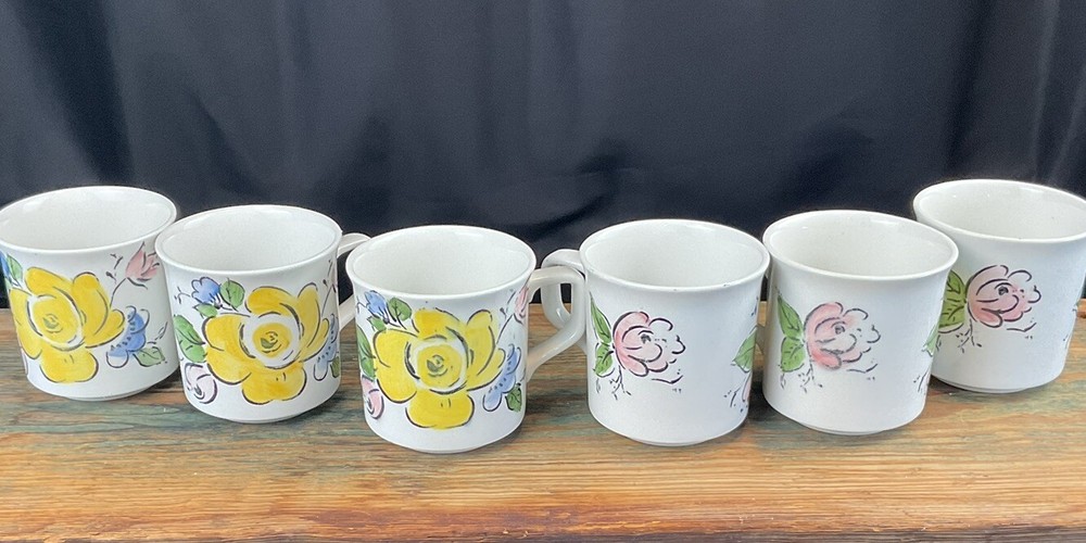 Vintage Johnson Brothers Delray Coffee Cups (6) Yellow PinkFloral Spring England