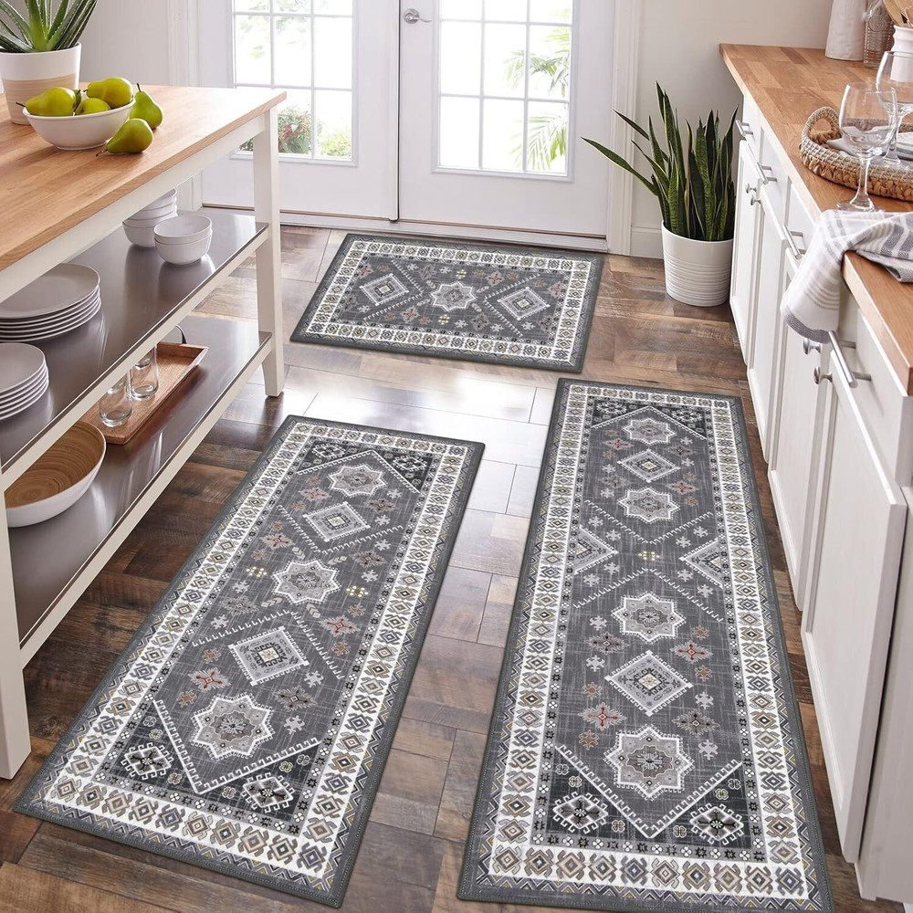 HEBE Boho 3-Piece Non-Skid Kitchen Rug Set with Runner and Mats