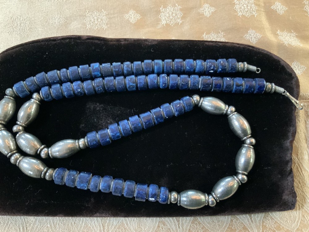 Vintage Native American Navajo Lapis Heishi Sterling Silver Necklace Old
