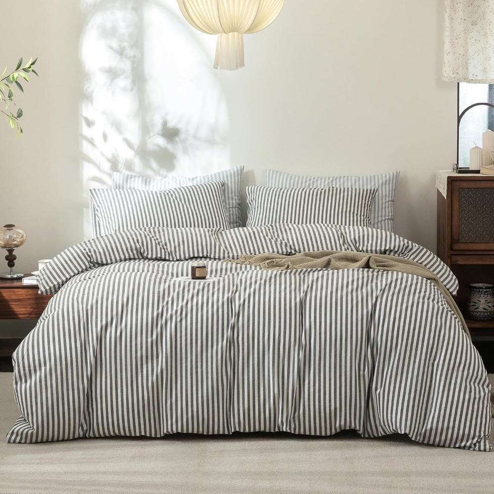 Striped Duvet Cover Set 100% Washed Cotton Linen Feel Super Soft Breathable Cozy