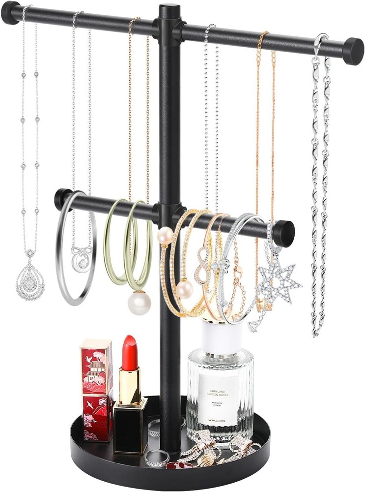 2-Tier Metal Jewelry Stand with Round Tray 12.9 Inches