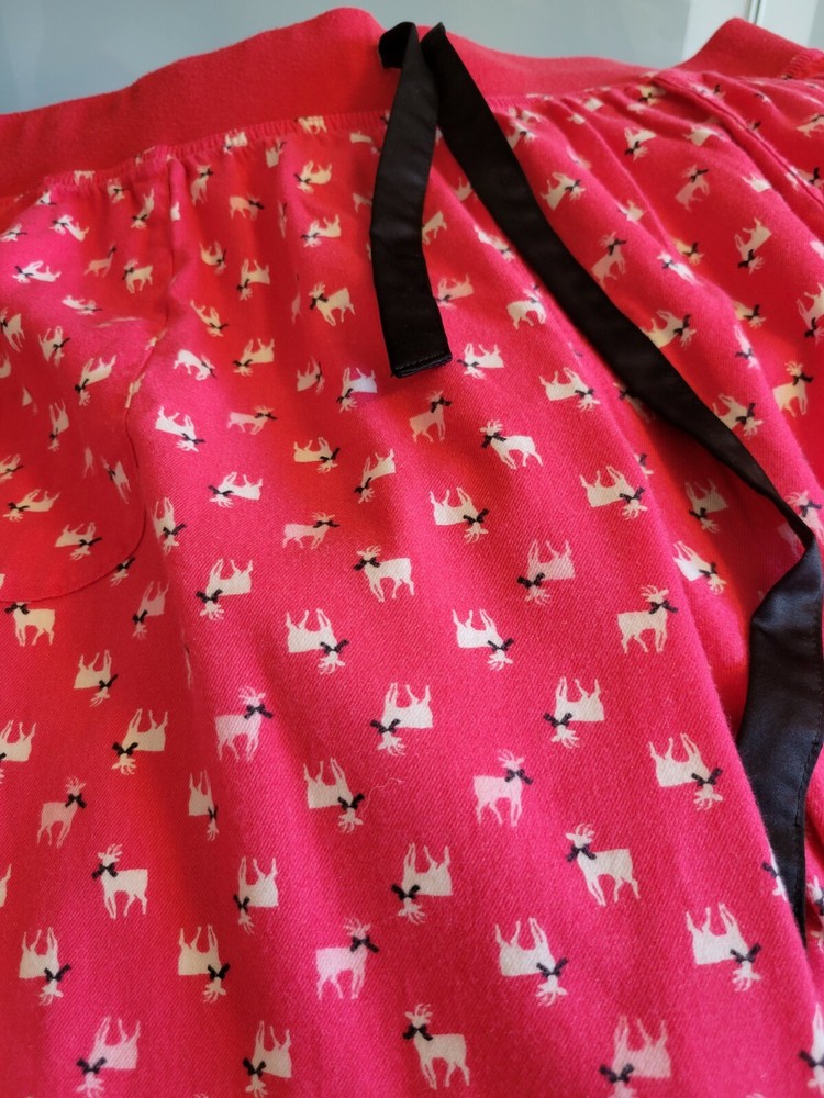 Victotia Secret Chritmas Pajama Bottoms Pink W Cute Deer Print & Satin Ties Sz L