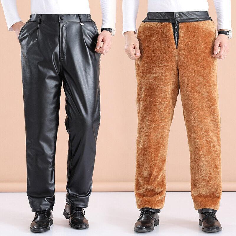 Winter Mens Faux Leather Fleece Lined Pants High Waist Straight Trousers Warm sz