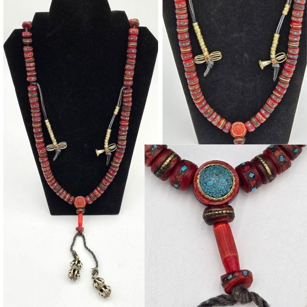 VTG Tibetan Red Yak Bone Mala Prayer Bead Necklace Chipped Turquoise Brass Inlay