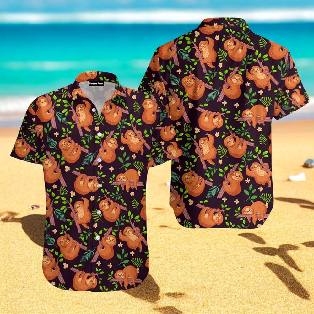 Black Cute Brown Sloths Hawaiian Shirt For Men US Size Summer Style New