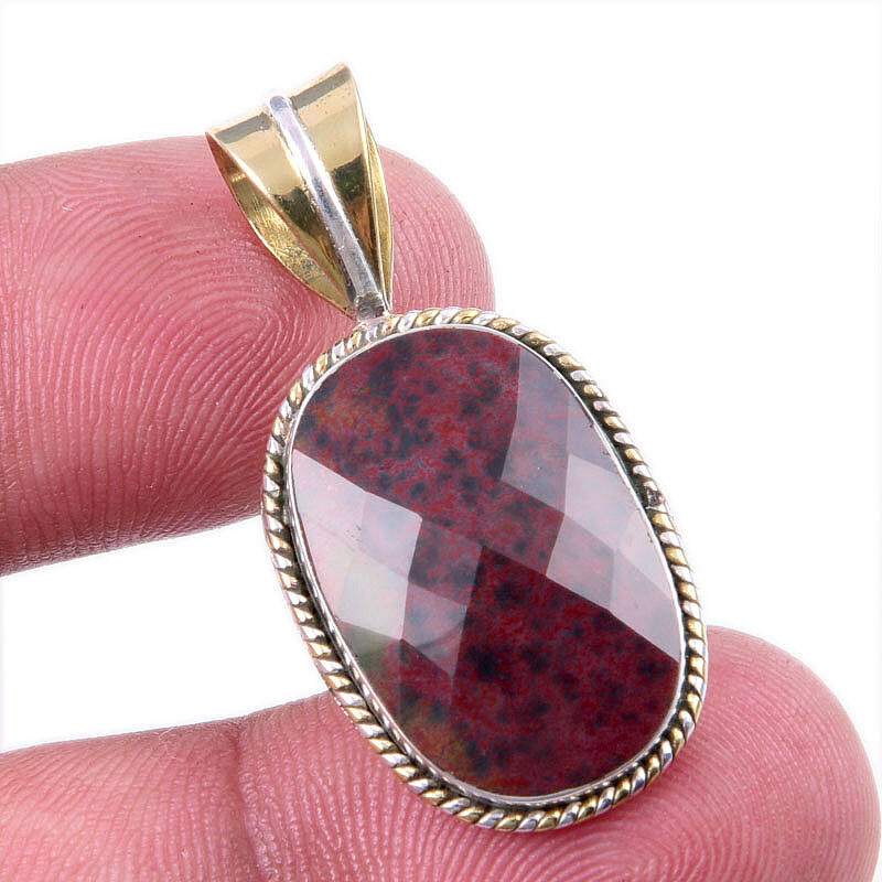 Natural Bloodstone Gemstone 925 Solid Sterling Silver TwoTone Pendant 1.50