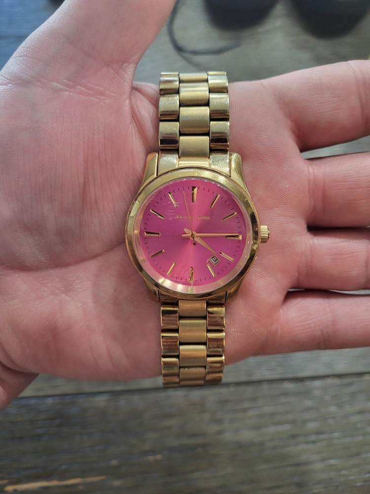 Michael Kors Golden Runway Watch Womens 38mm Pink Dial MK-5801 Need Battery 6.5