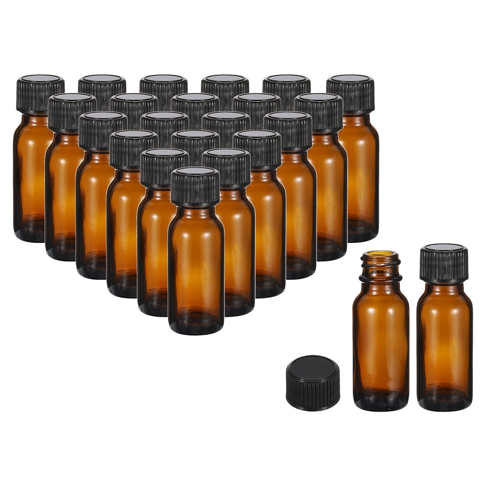 0.5oz(15ml) Glass Dispensing Bottle w Black Poly Cone Cap, 24Pcs, Amber