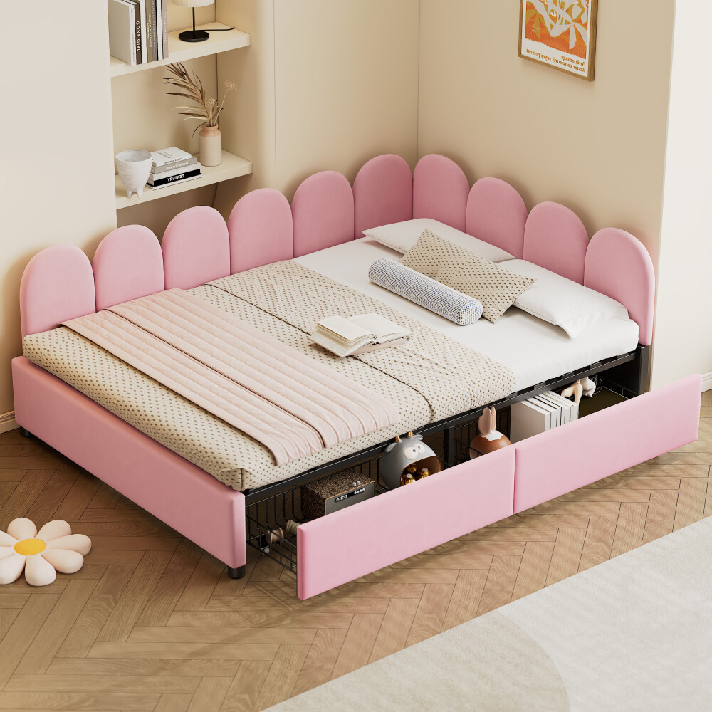 Pink Velvet Upholstered Full Sofabed with Headboard & 2 Drawers