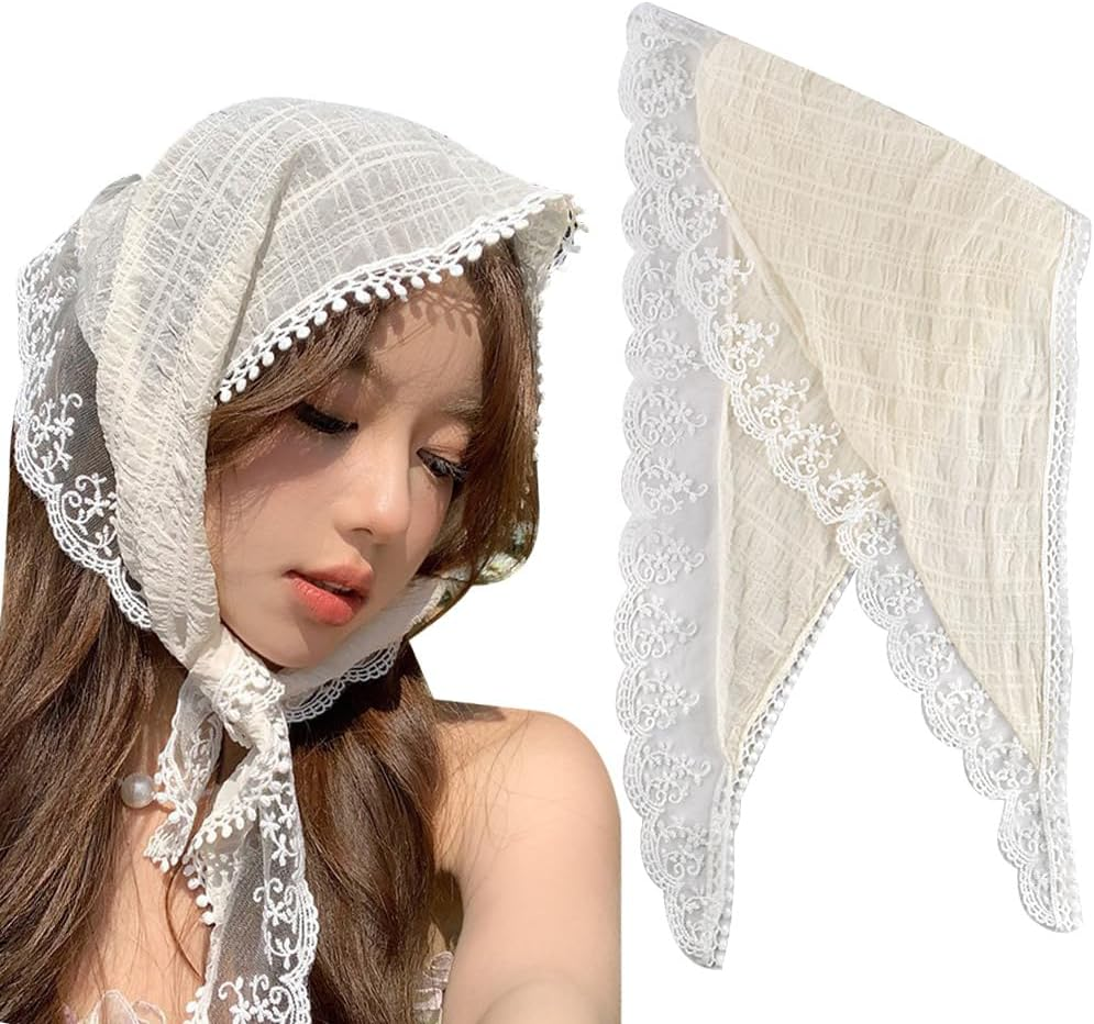 Floral Hair Scarf Headband for Women White Lace Hair Bandana Head Kerchief Tie