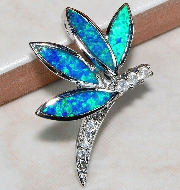 Dragonfly 3CT Australian Opal Inlay & Topaz 925 Sterling Silver Pendant GA8