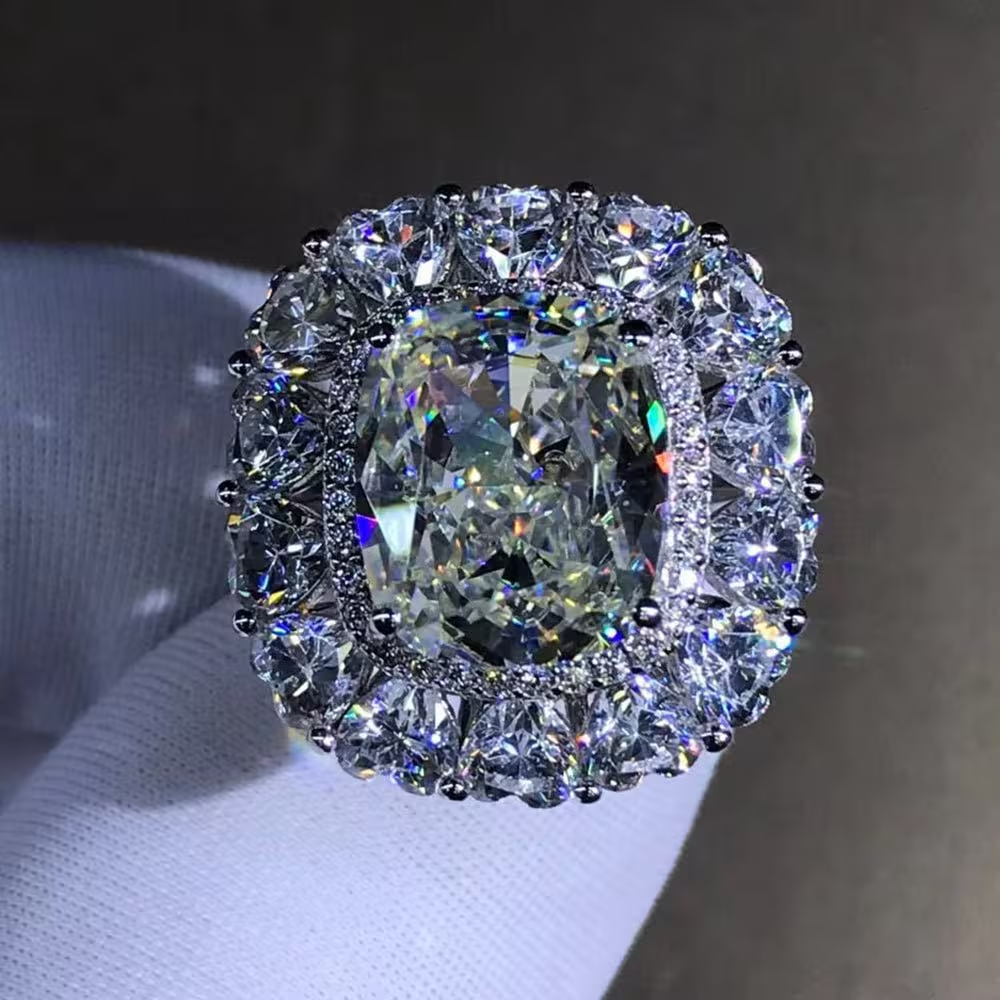 6 Carat Cushion Cut VVS G-H Moissanite Ring in Platinum Vermeil