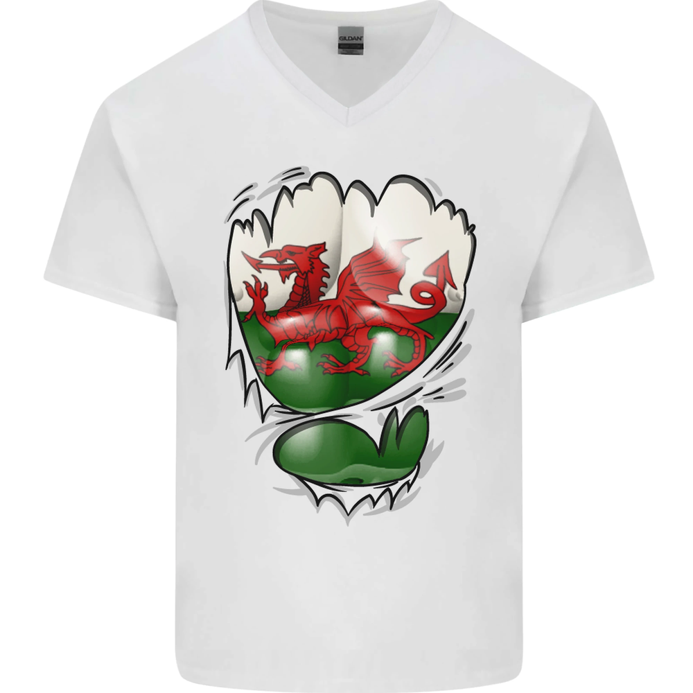 Gym The Welsh Flag Ripped Muscles Wales Mens V-Neck Cotton T-Shirt