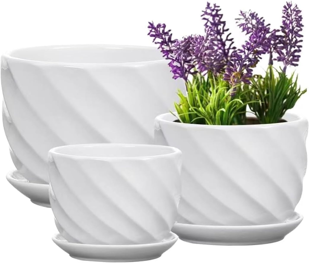 Set of 3 Ceramic Plant Pot - Flower Plant Pots Indoor with Saucers,Small to Medi