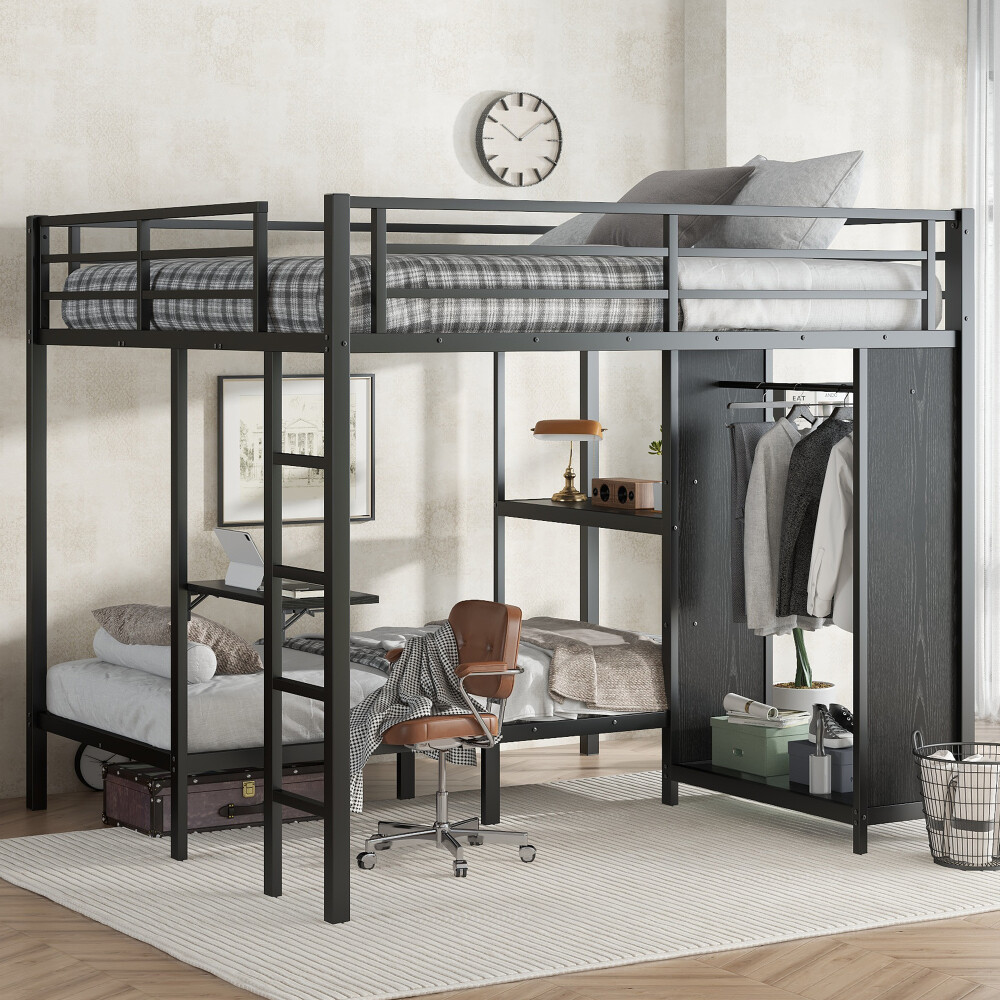King over Twin XL Size Bunk Bed Frame with Built-in Wardrobe Metal Bunk Bed