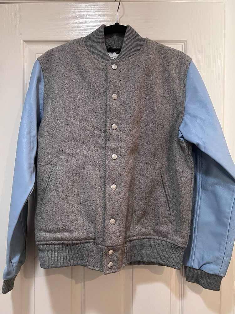American apparel Gray/Blue wool club varsity jacket leather sleeves Size XS NWOT